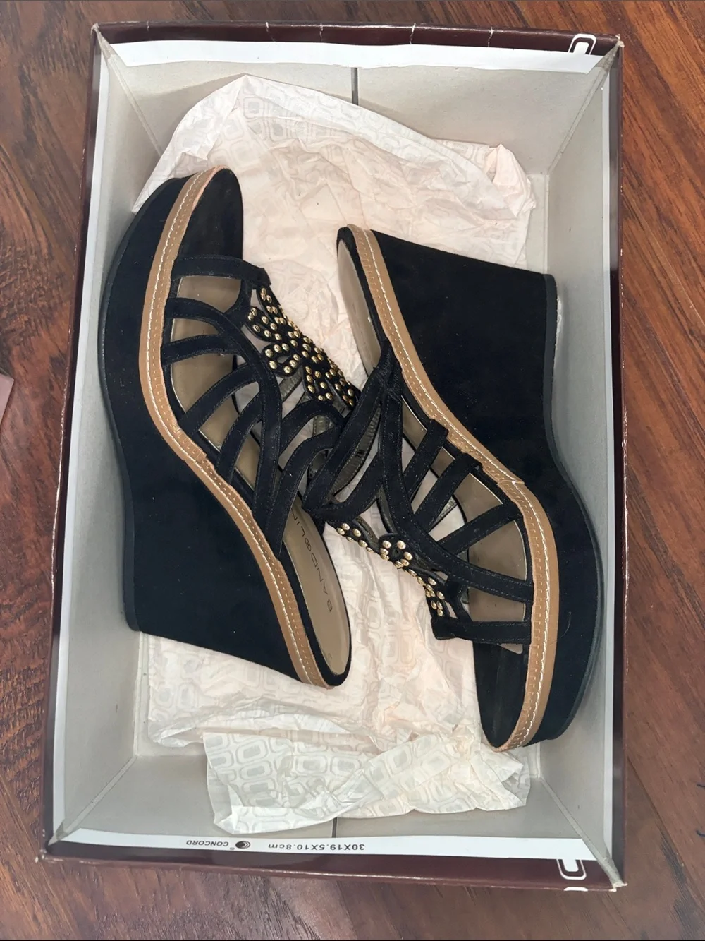 Bandolino Black Suede Floral Studded Wedge Sandals
